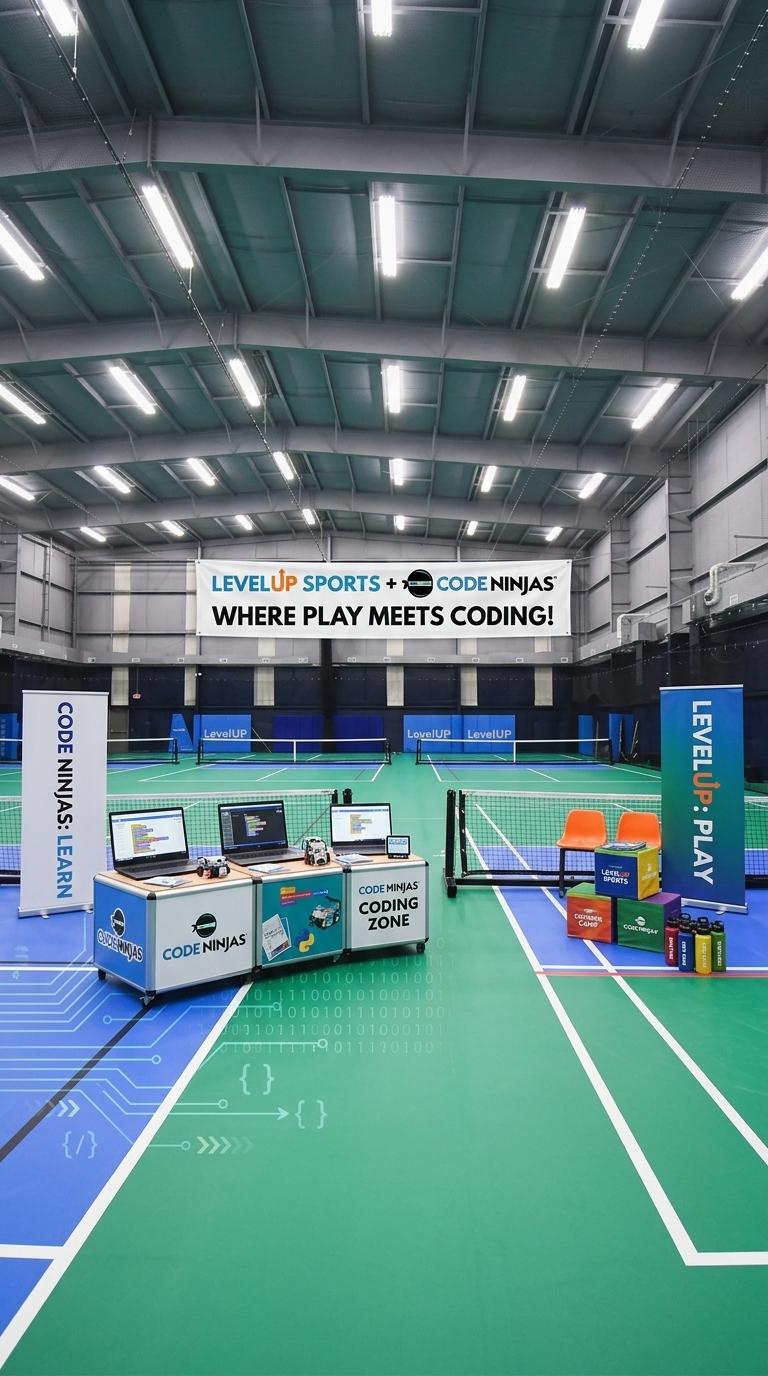 LevelUP Sports and Code Ninjas partnership banner — Where Play Meets Coding! — co-branded summer camp 2026 for ages 5+